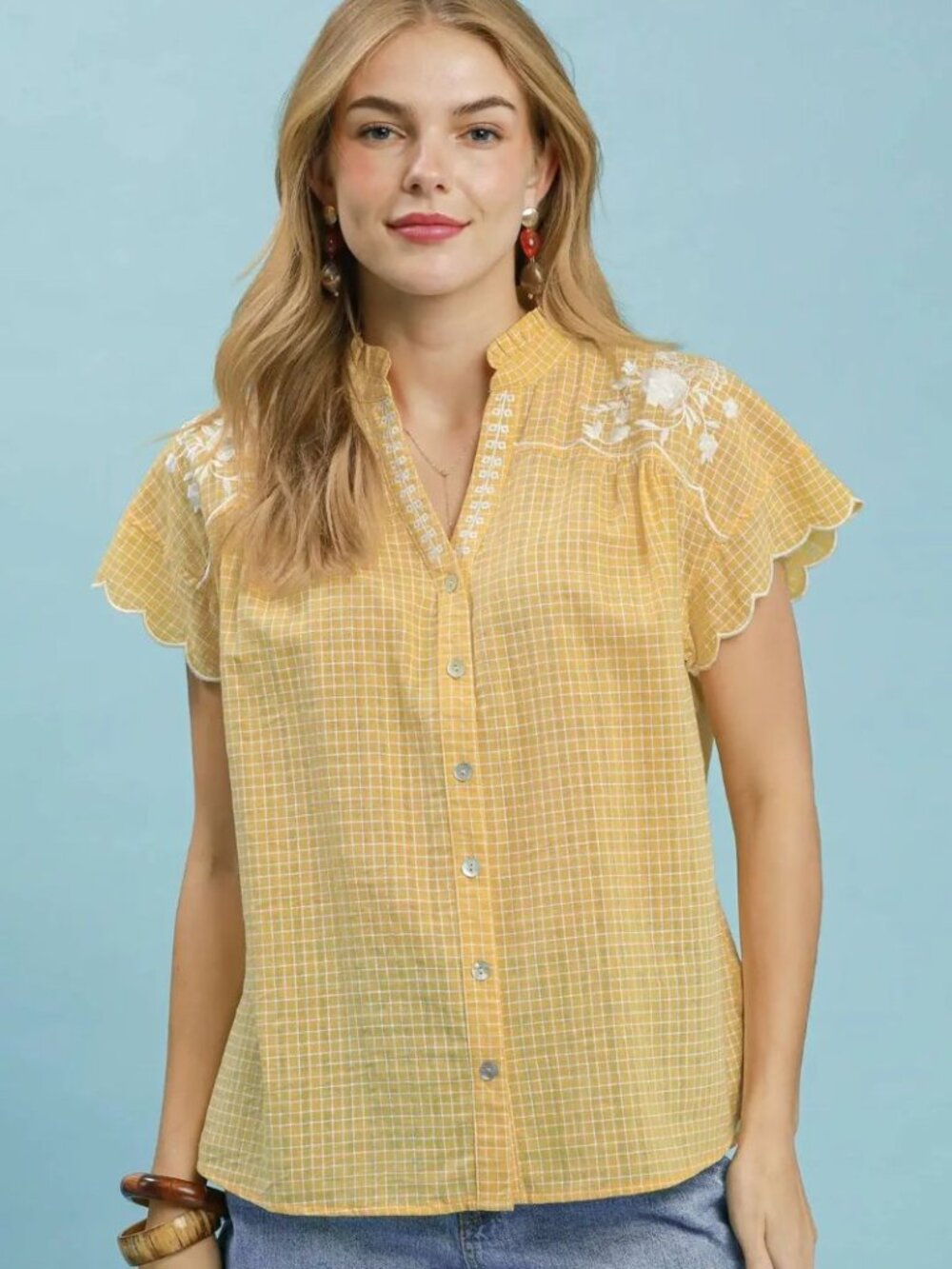 Umgee Embroidered Print Scallop Sleeve Button Front Blouse NWT🛍️
